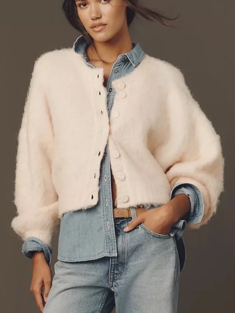 Pilcro Fuzzy Cropped Cardigan in Soft Blush - NWT - Picture 2 of 4